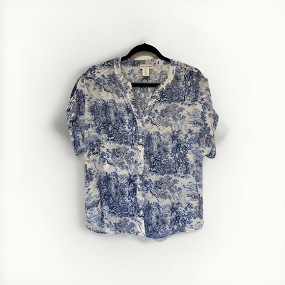 Cupcakes and Cashmere Tops - Cupcakes and Cashmere Womens Blouse S White Blue Jungle Toile Floral Chiffon